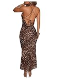 Milumia Women's Leopard Print Cowl Neck Maxi Dress Sexy Backless Lace Up Long Dress