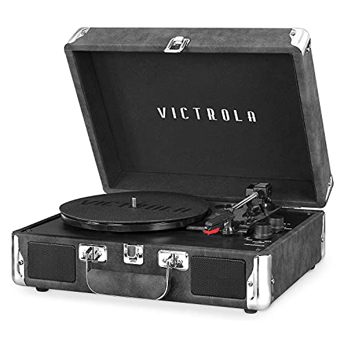 Victrola Journey Bluetooth Portable Suitcase Record Player – with Built-in Speakers, 3 Speed Vinyl Record Player, RCA Out, Headphone Jack (Gray)