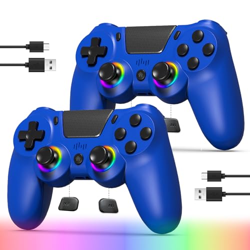 TJPD 2 Pack for PS4 Controller, Wireless Controller for PS4/Pro/Slim/PC, with 2 Rear Button and 2 USB-C Cable (Blue)