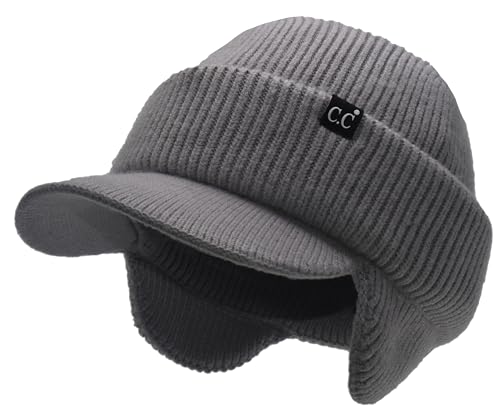C.C Strechy Softy Knit Beanie with Visor Brim & Earflaps for Men and Women (Heather Grey)