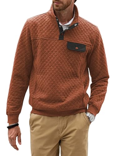 JMIERR Mens Quilted Sweatshirt Casual Long Sleeve Outdoor Crew Neck Quarter Button Pullover Sweatshirts with Pocket, US 46(XL), Orange