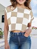 Girls Summer Crop Tops Spring Vest Cute Tanks Cap Sleeve Colorblock Tee Loose Kids Fall Knit Top Apricot