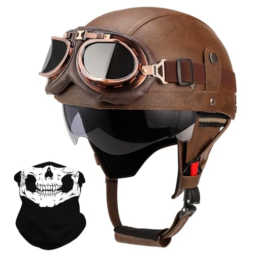 German Style Leather Motorcycle Half Helmet for Adults Men Women, DOT Approved Vintage Cap Half Face Shell Motorcycle Helmets for Cruiser Chopper+Goggles(Brown,Medium)