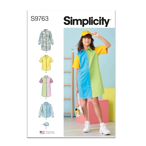 Simplicity Girls' Shirtdresses, Hat and Shirt Sewing Pattern Packet, Code S9763, Sizes 7-8-10-12-14, Multicolor