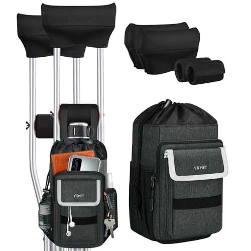 Ytonet 5 PCS Crutch Pads, Bag & Hand Grips, Includes 2 Armpit Pads & 2 Non-Slip Grips, Large Water-Resistant Lightweight Accessories Storage Pouch with Reflective Strips for Standard Crutches (Black)