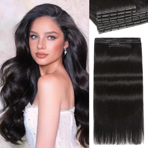 LADY MIRANDA 20 Inch 100g Double Weft Human Hair Extensions with Micro Ring Seamless Reusable Beaded Weft Hair Extensions OVO Handmade Twin Tabs Hair Extension Real Human Hair(1B, 20 Inch)