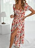 BLENCOT Womens Casual Summer Square Neck Dress Floral Print Flounce Ruched Tie Front Split Thigh Short Sleeve A Line Ladies Maxi Dresses P1420Orange X-Large Size