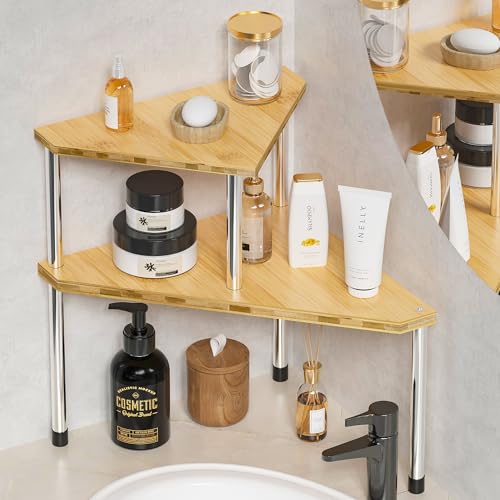 Weenson Bathroom Organizer Countertop Corner Shelf – 2 Tier Bathroom Organization Bamboo Spice Rack Kitchen Countertop Organizer Space Saving Storage Shelves Living Room Office Home Decor