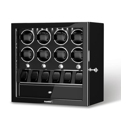 DUKWIN Watch Winder for 8 Automatic Watches,Lockable Watch Winders with Watch Holder and Jewelry Storage, Super Quiet Mabuchi Motor with High-Gloss Piano Lacquer Finish,Built-in Illumination-Black