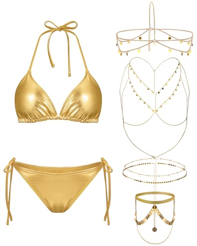 Jeere 5 Pcs Women Gold Bikini with Gold Sequins Head Chain Body Waist Thigh Chain Jewelry Set Swimsuit Bathing Suits (XL)