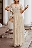 MEROKEETY Women's 2024 V Neck Short Sleeve Floral Lace Wedding Dress Bridesmaid Cocktail Party Maxi Dress, Apricot, Small