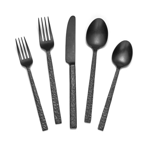 KINGSTONE 20 Pcs Black Hammered Silverware Set for 4, 18/10 Stainless Steel Heavy Duty Flatware Set, Tableware Cutlery Utensil Sets for Home Restaurant Dishwasher Safe