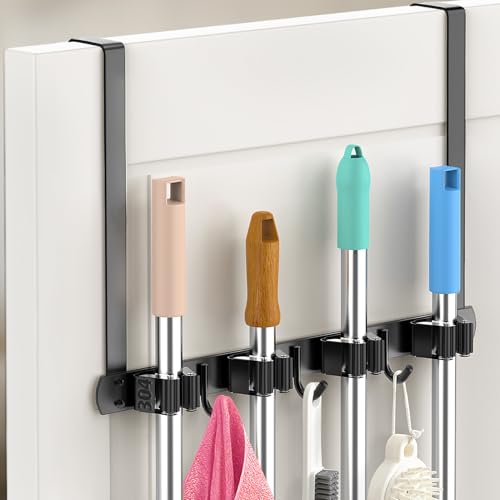 PrimZooty Broom Holder Over The Door - 304 Stainless Steel Mop and Broom Holder Wall Mounted or Hanging Over The Door with Hooks - Broom Hanger, Broom Storage Tool Organizer for Garage Closet Laundry