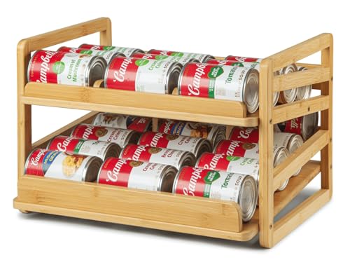 Aclema Bamboo Rolling Can Organizer Rack, Stackable 2 Tier Canned Food Organizer Rack for Storage, Kitchen Cabinet, Can Holders Dispensers for Pantry Up To 27 Cans