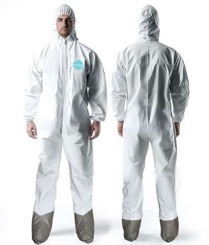 Andes Safety 25 Pack Hazmat Suits, Protective Coveralls with Attached Boots and Hood, Heavy Duty Full Body Disposable Painters Suits, Lab Coveralls (2X)