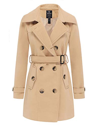 wantdo Women's Pea Coat Belted Woolen Coat Mid Length Overcoat Khaki XL