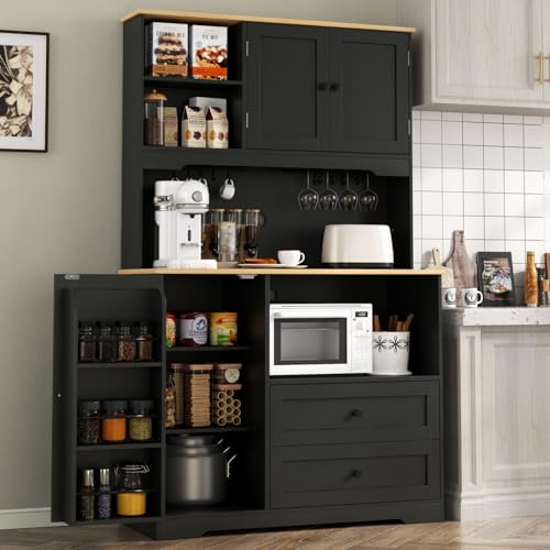 Gyfimoie Kitchen Pantry Storage Cabinet,Freestanding Buffet Cabinet with Wine Glass Holder,Food Pantry with Doors and Shelves,Tall Kitchen Hutch with Microwave Stand for Kitchens (Black)