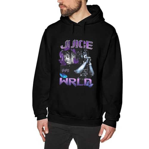 Mens Juice Music Wrld Hoodie with Graphic Design,Classic Fleece Long Sleeve Pullover Hoodie Hooded Sweatshirts for Men Birthday Gift Black L