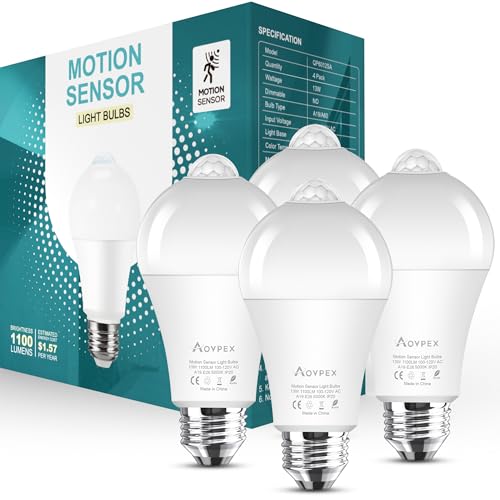 Aovpex Motion Sensor Light Bulbs, 13W(100W Equivalent) Movement Activated Dusk to Dawn Sensor LED Bulb, A19 E26 5000K Cool White Security Bulbs Outdoor Indoor, for Porch Garage Basement Hallway 4 Pack