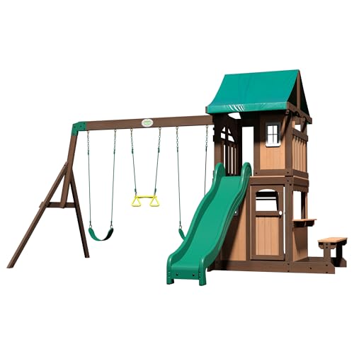Backyard Discovery Lakewood Cedar Wood Swing Set with Wave Slide, Clubhouse, Playhouse, Snack Bar Window, Picnic Area, Belt Swings, Trapeze, Full Front Door, Windows, Step Ladder, Outdoor Playset