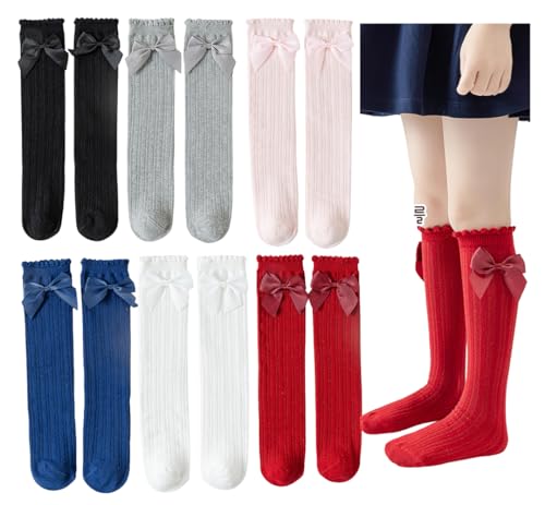 Kid Girls Knee High Stockings or Over Calf Socks Cotton Princess Tube Dress Socks (3-12 Years, Stripe- 6Pairs)