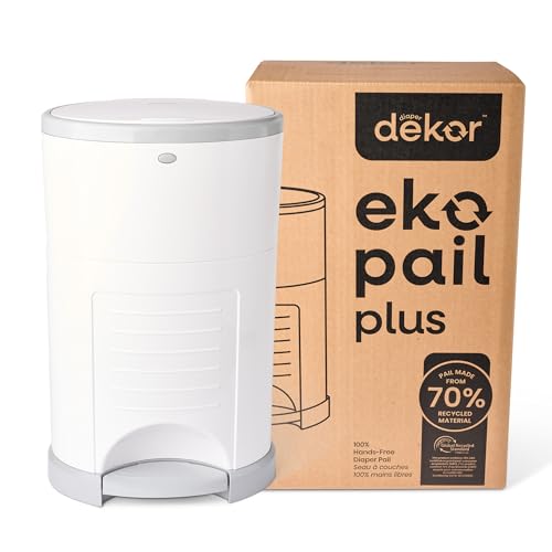 Diaper Dekor EKO Plus Diaper Pail, White | ONLY Eco-Friendly Diaper Pail Made with 70% Recycled Materials | Hands-Free: Step–Drop–Done | Cost-Effective Refill System |Great Cloth Diaper Pail