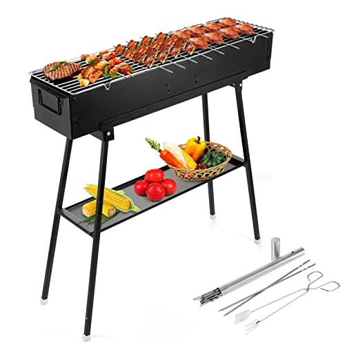 IRONWALLS Portable Charcoal Grills Outdoor Cooking, Rectangular Folded Barbecue Grill 32”, Stainless Steel Lamb Skewer Grill with 25pcs Kebab Skewer & Storage Shelf for Camping, Picnic, Commercial Use