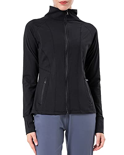 Womens Long Sleeve Full Zip Sports Running Top Ladies Quick Dry Yoga Gym Fitness Active Jacket with Thumb Holes Black L