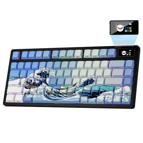 HITIME XVX 75% Keyboard with Color Smart Display, L75 Pro Low Profile Gasket Mechanical Gaming Keyboard, Bluetooth 5.1/2.4G Wireless/Type-C Wired Custom Keyboard with RGB Backlit, Blue Kanagawa Theme