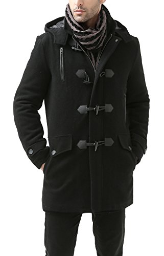 BGSD Men Tyson Wool Blend Single Breasted Walking Toggle Duffle Coat with Hood (Also available in Big and Tall), Black, X-Large Tall