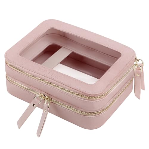 Prite Double Layer Makeup Bag for Women Portable Clear Makeup Bag Cute Waterproof Travel Cosmetic Bag with Gold Zipper for Car Essentials(Pearlescent Pink)