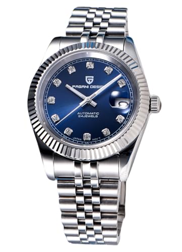 Pagani Design Automatic Watch, 40mm Stainless Steel Case, Date Display, NH35 Movement, 100m Water Resistant, Synthetic Sapphire Crystal, (Diamond Blue)