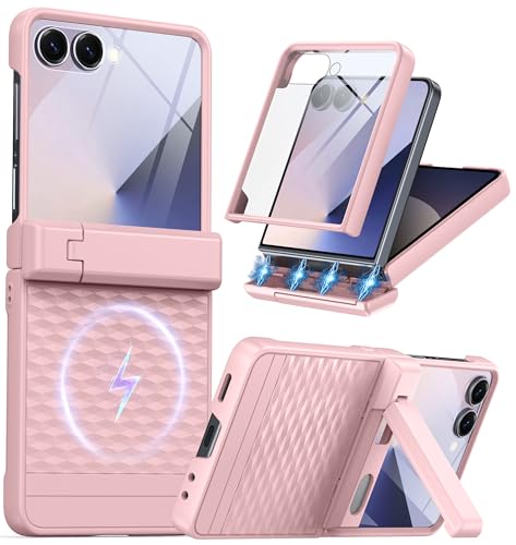 Magnetic for Samsung Galaxy Z Flip 7 Case [Hinge Protection＆Kickstand][Compatible with MagSafe][Built-in Screen Protector] Full-Body Military Protection Phone Case for Samsung Z Flip 7 Pink