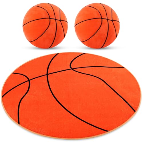 Nuanchu 3 Pcs Basketball Plush Pillows and Basketball Rug for Boys Room Decor Fluffy Soft Stuffed Sports Throw Pillows Round Carpet Area Rug for Bedroom Decor