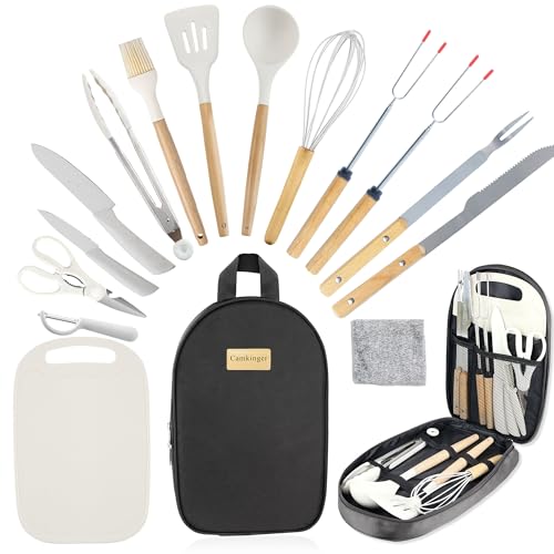 Camkinger Camping Accessories Kitchen Cooking Utensils Set - Portable Outdoor Camp Cookware Set, Silicone Camper Essentials Gear Must Have Supplies for Travel RV BBQ Grill Picnic Hiking