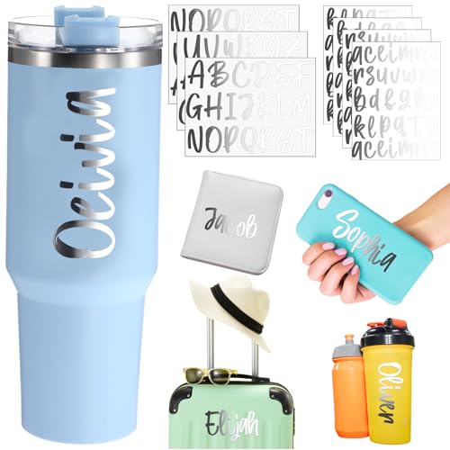 Humyoun 7 Pcs UV DTF Cup Wrap Letters Custom Transfer Letter Stickers Personalized Vinyl Name Decal for 14-40 oz Tumbler Glass Cups Laptop Water Bottle Car Notebooks DIY Crafts(Silver)