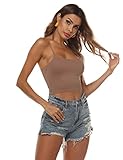 Amilia Women's Basic Solid Cami Spaghetti Double Layer Crop Tank Top (Black&White&Light Brown, S)