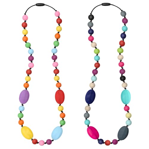 Chew Necklaces for Sensory Kids 2 Pack, Baby Silicone Teething Necklace, Nursing Necklace Breastfeeding Teether Toys, BPA Free, Freezable, Dishwasher and Refrigerator Safe