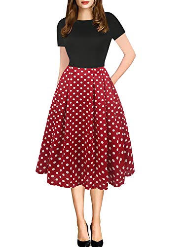 oxiuly Women's Vintage Dresses Patchwork Pockets Puffy Swing Casual Party Dress OX165 (BK-Red dot, l)