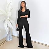 2 Piece Outfits for Women Sexy Crop Tops with Bodycon Flared Pants Sweatsuit Yoga Set Black