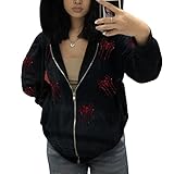 Kaipiclos Skeleton Hoodie Men Women Full Zip Up Hoodie Over Face Oversized Graphic Rhinestone Skull Streetwear Jacket (Black Red Spider, L)