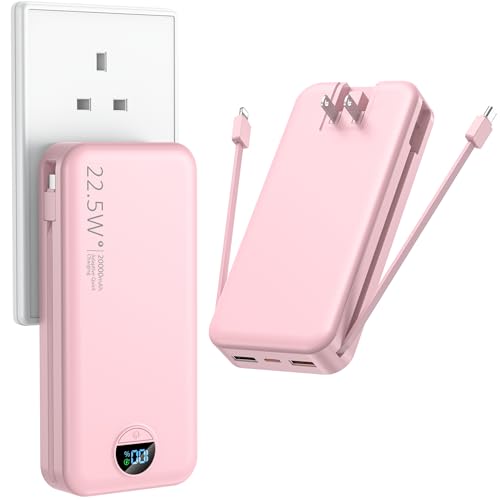 Portable Charger with Wall Plug, 20000mAh USB C Power Bank Fast Charging, External Battery Pack with Built in Cables, Digital Display, 5 Output 2 Input for iPhone Android Cell Phone Tablet
