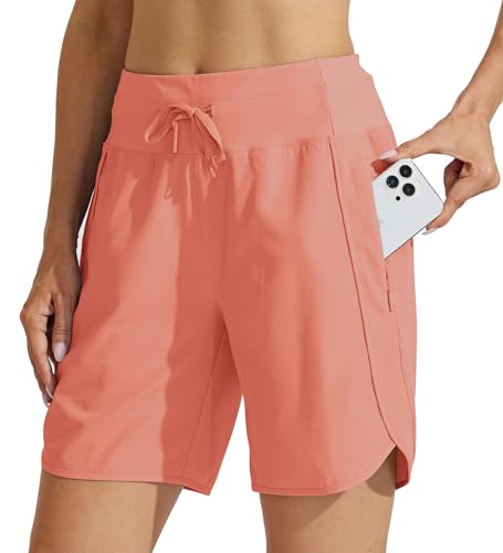 Willit Women's 7" Athletic Running Shorts Long Workout Hiking Shorts Quick Dry High Waisted Active Zipper Pocket Coral M