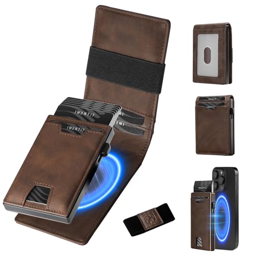 iwantit 3 in 1 MagSafe Wallet: Slim Bifold Money Clip - Smart Pop up Card Holder - Cash Strap, Mens Minimalist Magnetic Wallet, ID Window, Premium Leather (Nubuck Brown)