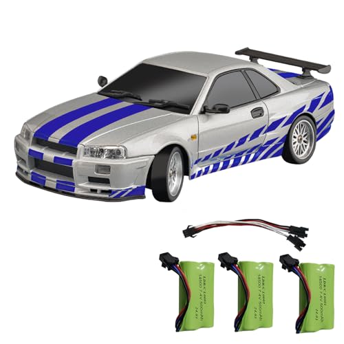 LDRC Drift Car Nissan Skyline GTR R34 1/18 RWD High Speed Drifting RC Model Drift Cars 2.4GHz with Gyroscope 3 Batteries (Silver)