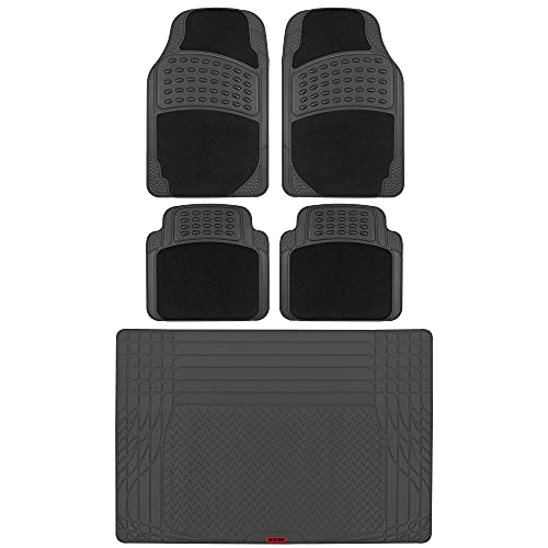 BDK Motor Trend Automotive Car Floor Mats & Cargo Trunk Liner for Coupe Sedan SUV Van, 5 PC Mat Combo, Carpet/Rubber HybridMats, Heavy Duty All Weather Trim-to-Fit Design Black