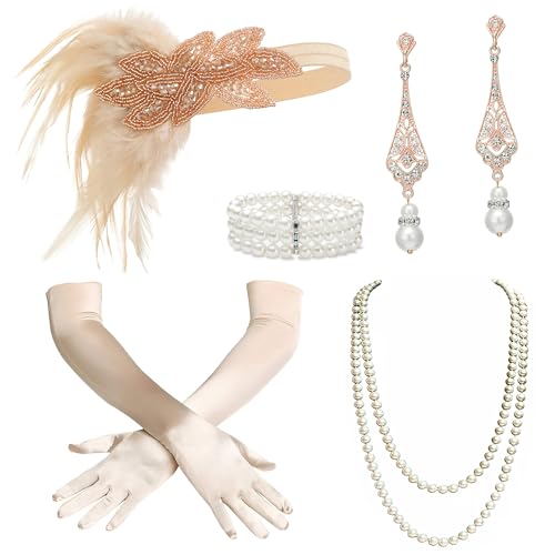 BABEYOND 1920s Flapper Accessories Great Gatsby Costume Accessories 20s Flapper Headband Pearl Necklace Gloves Plastic Holder