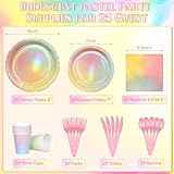 Iridescent Pastel Rainbow Party Decorations Serve 25, Holographic Pastel Paper Plates and Napkins, Disposable Iridescent Rainbow Party Plates Cups Napkins for Girls Birthday Wedding Baby Shower Party