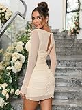 HTZMO Women Sexy Long Sleeve Mini Dress V Neck Bodycon Ruched Club Party Going Out Dresses Beige S