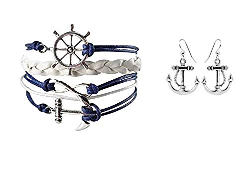 Infinity Collection Nautical Anchor Charm Earrings & Bracelet for Women, Navy & White Anchor Braided Bracelet, Weaved Leather Rope with Ship Wheel & Anchor Charms